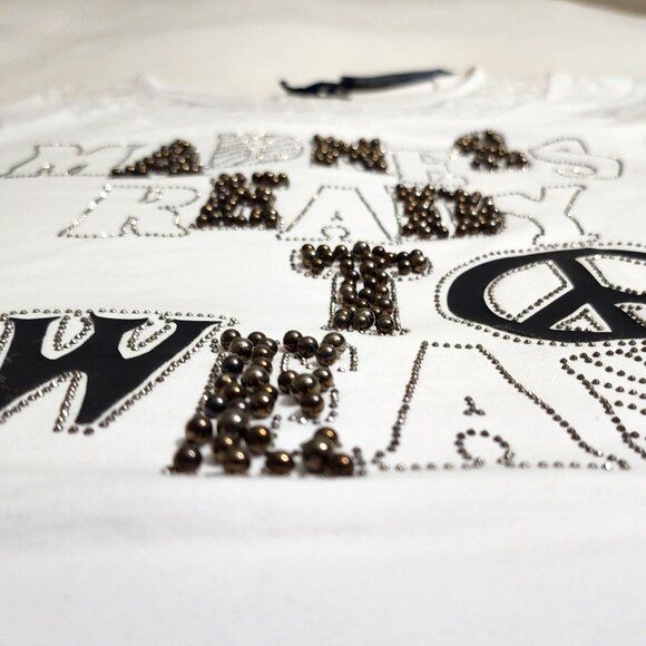 Madness National Womens White with Black & Gold Bead Lettering Detail Top Size M - Picture 2 of 6